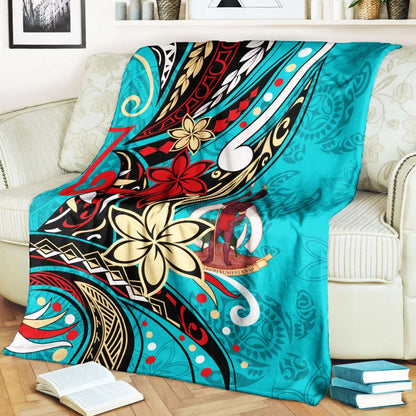 Vanuatu Premium Blanket - Tribal Flower With Special Turtles Blue Color