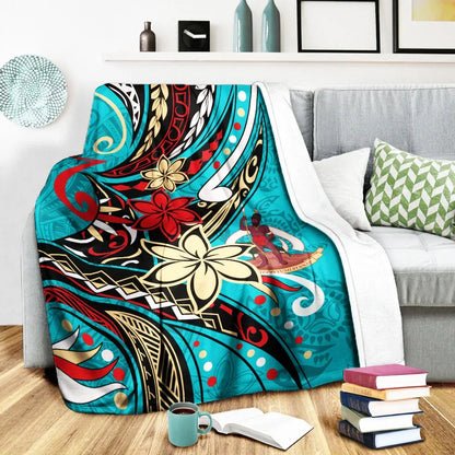 Vanuatu Premium Blanket - Tribal Flower With Special Turtles Blue Color