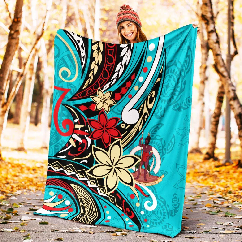 Vanuatu Premium Blanket - Tribal Flower With Special Turtles Blue Color