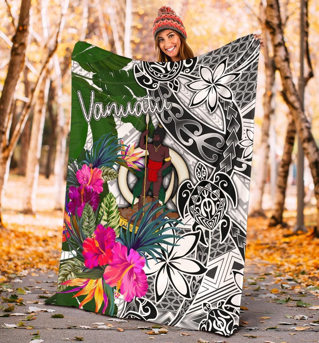 Vanuatu Premium Blanket White - Turtle Plumeria Banana Leaf