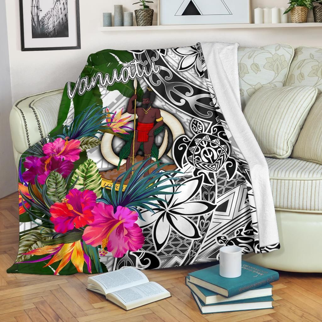 Vanuatu Premium Blanket White - Turtle Plumeria Banana Leaf