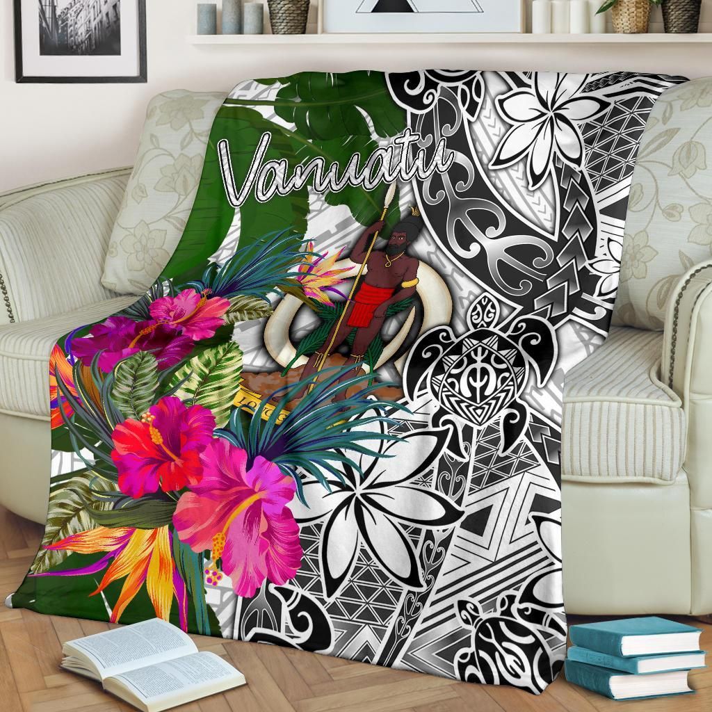 Vanuatu Premium Blanket White - Turtle Plumeria Banana Leaf