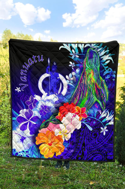 Vanuatu Premium Quilt - Humpback Whale with Tropical Flowers (Blue)