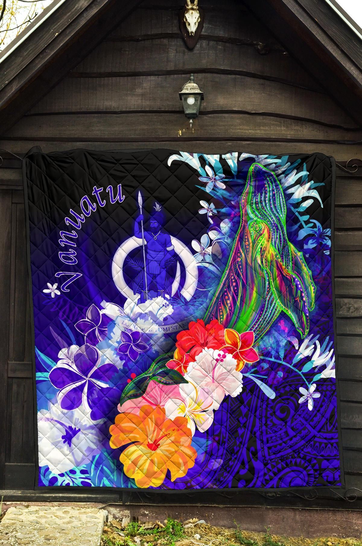 Vanuatu Premium Quilt - Humpback Whale with Tropical Flowers (Blue)