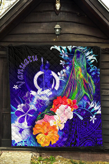 Vanuatu Premium Quilt - Humpback Whale with Tropical Flowers (Blue)