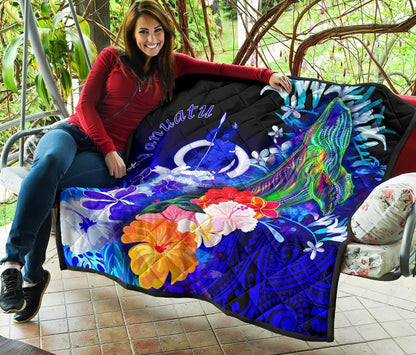 Vanuatu Premium Quilt - Humpback Whale with Tropical Flowers (Blue)