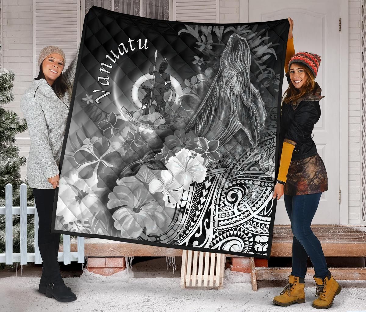 Vanuatu Premium Quilt - Humpback Whale with Tropical Flowers (White)
