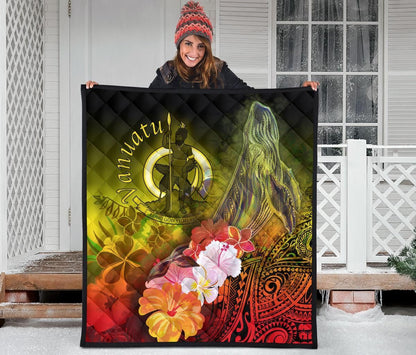 Vanuatu Premium Quilt - Humpback Whale with Tropical Flowers (Yellow)