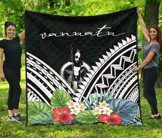 Vanuatu Premium Quilt - Vanuatu Coat of Arms & Polynesian Tropical Flowers White