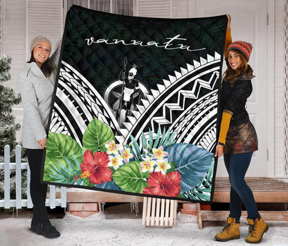 Vanuatu Premium Quilt - Vanuatu Coat of Arms & Polynesian Tropical Flowers White