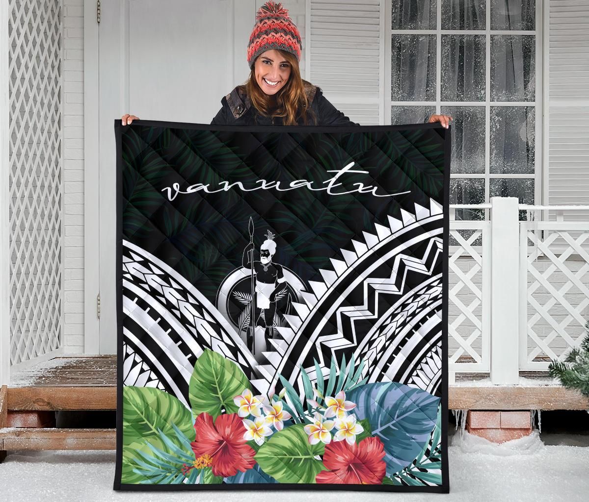 Vanuatu Premium Quilt - Vanuatu Coat of Arms & Polynesian Tropical Flowers White
