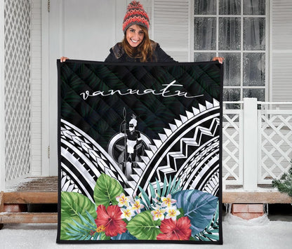 Vanuatu Premium Quilt - Vanuatu Coat of Arms & Polynesian Tropical Flowers White