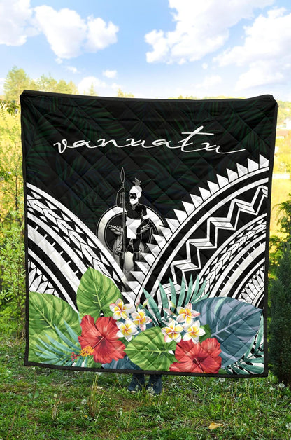 Vanuatu Premium Quilt - Vanuatu Coat of Arms & Polynesian Tropical Flowers White