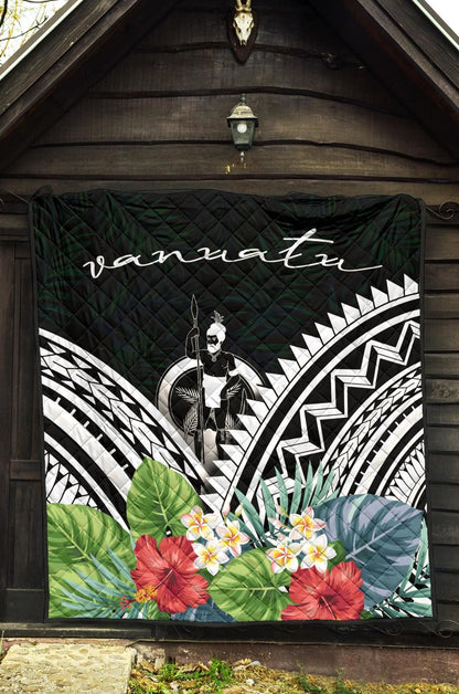 Vanuatu Premium Quilt - Vanuatu Coat of Arms & Polynesian Tropical Flowers White