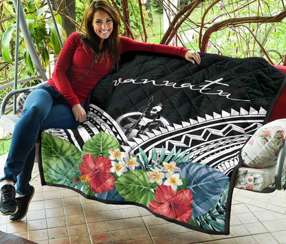 Vanuatu Premium Quilt - Vanuatu Coat of Arms & Polynesian Tropical Flowers White