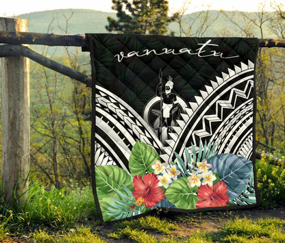 Vanuatu Premium Quilt - Vanuatu Coat of Arms & Polynesian Tropical Flowers White