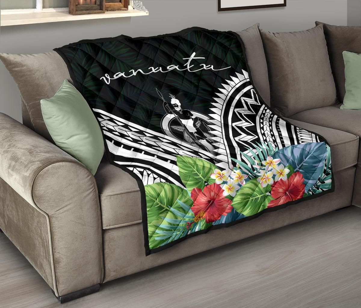 Vanuatu Premium Quilt - Vanuatu Coat of Arms & Polynesian Tropical Flowers White