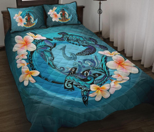 Vanuatu Polynesian Quilt Bed Set - Blue Plumeria Animal Tattoo