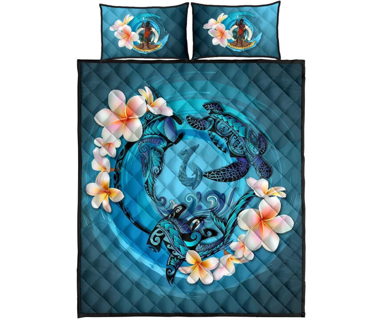 Vanuatu Polynesian Quilt Bed Set - Blue Plumeria Animal Tattoo