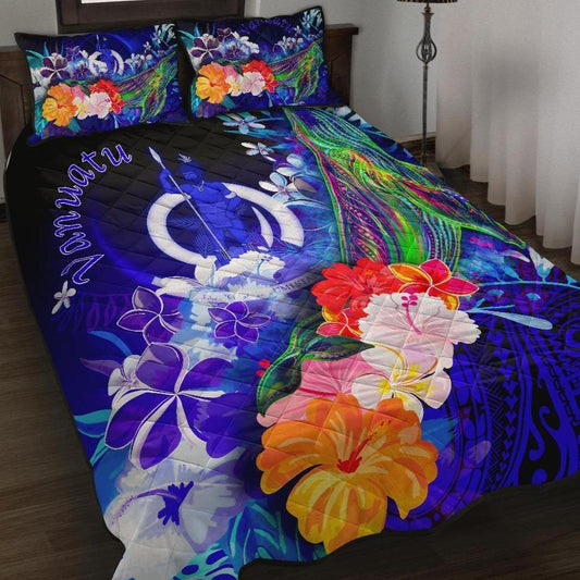 Vanuatu Quilt Bed Set - Humpback Whale with Tropical Flowers (Blue)