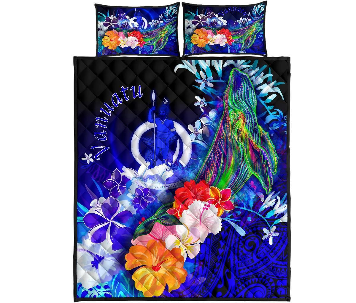 Vanuatu Quilt Bed Set - Humpback Whale with Tropical Flowers (Blue)