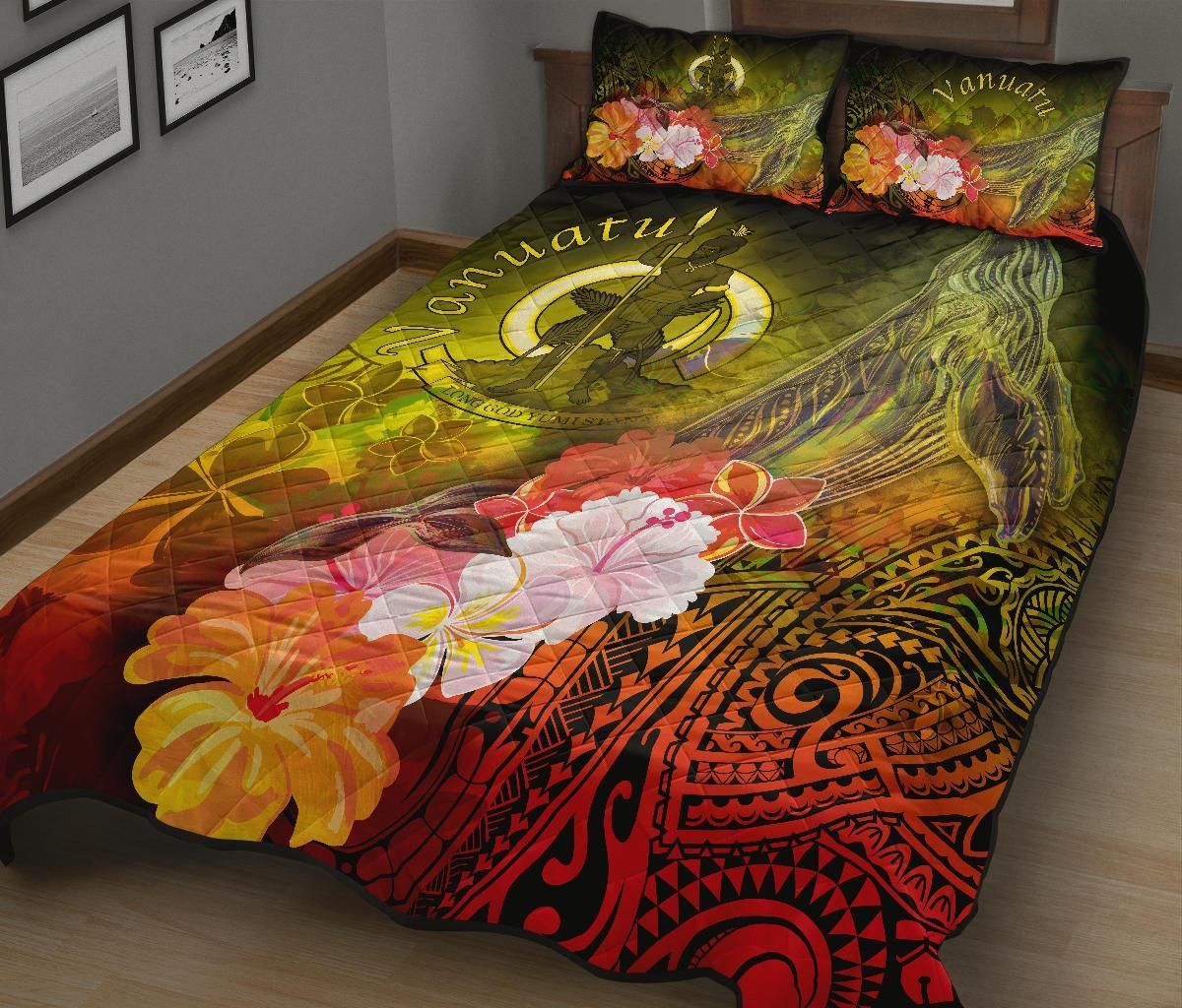 Vanuatu Quilt Bed Set - Humpback Whale with Tropical Flowers (Yellow)