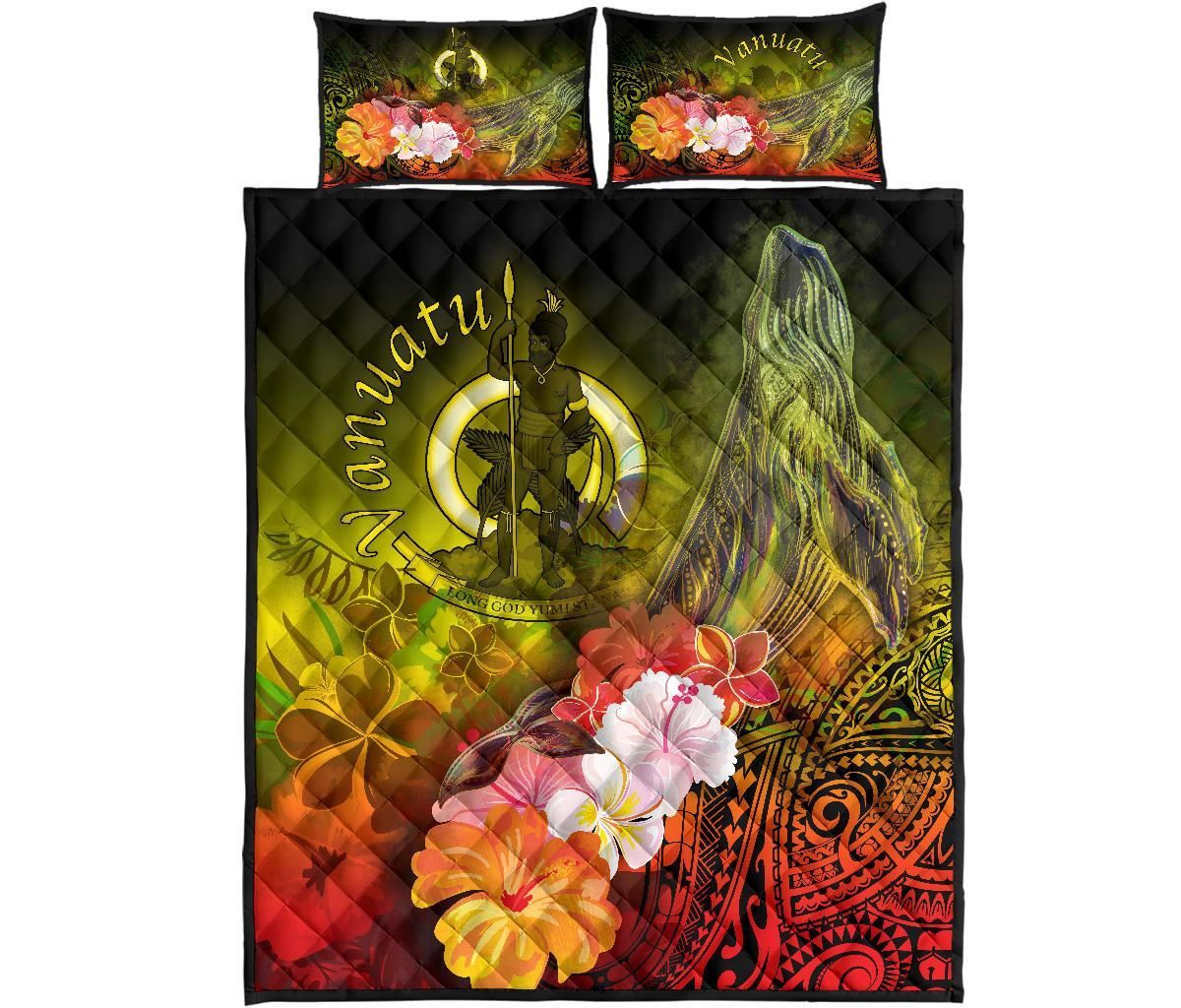 Vanuatu Quilt Bed Set - Humpback Whale with Tropical Flowers (Yellow)