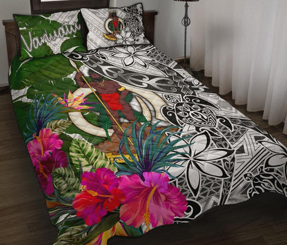 Vanuatu Quilt Bed Set White - Turtle Plumeria Banana Leaf