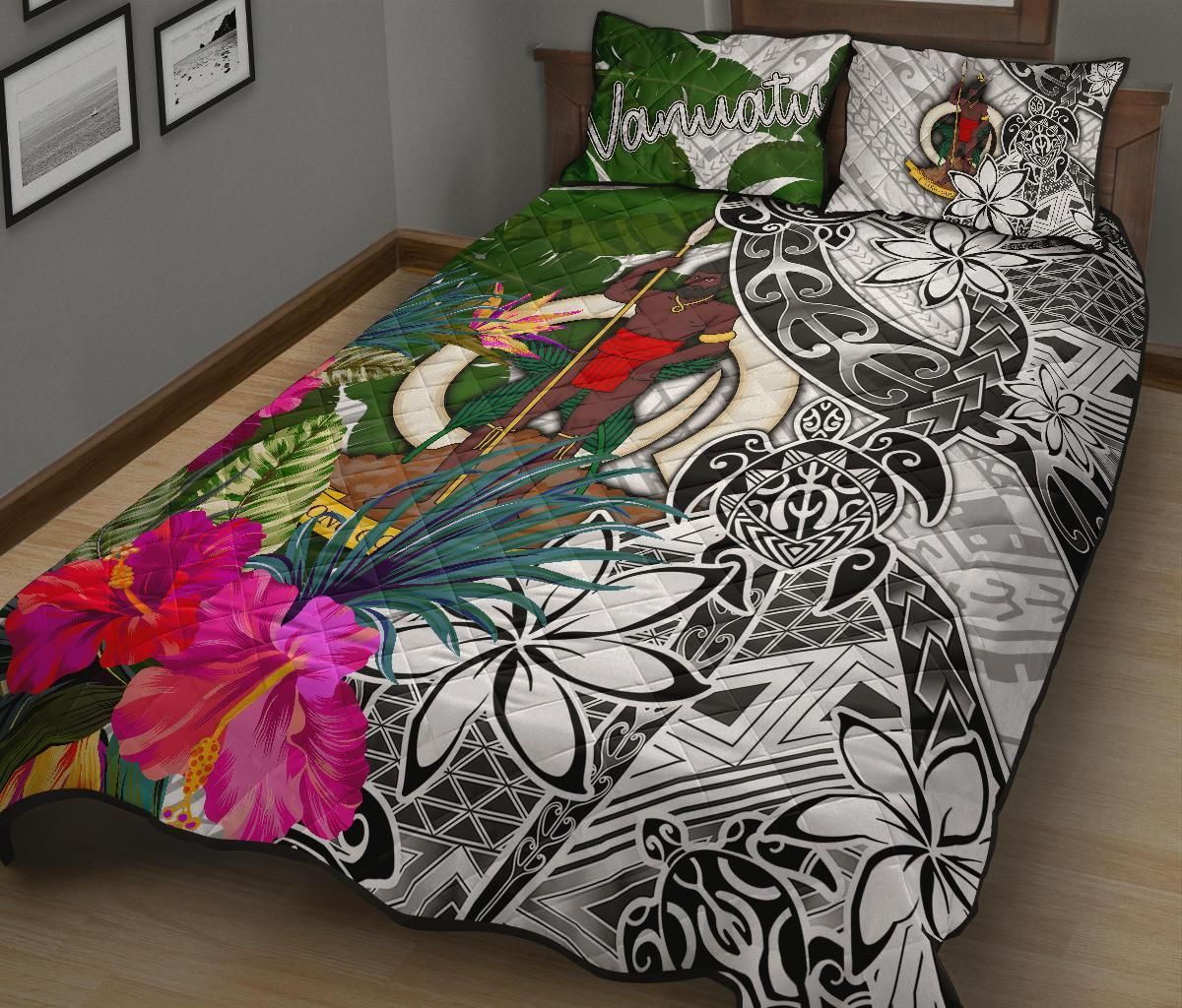 Vanuatu Quilt Bed Set White - Turtle Plumeria Banana Leaf