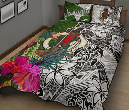 Vanuatu Quilt Bed Set White - Turtle Plumeria Banana Leaf