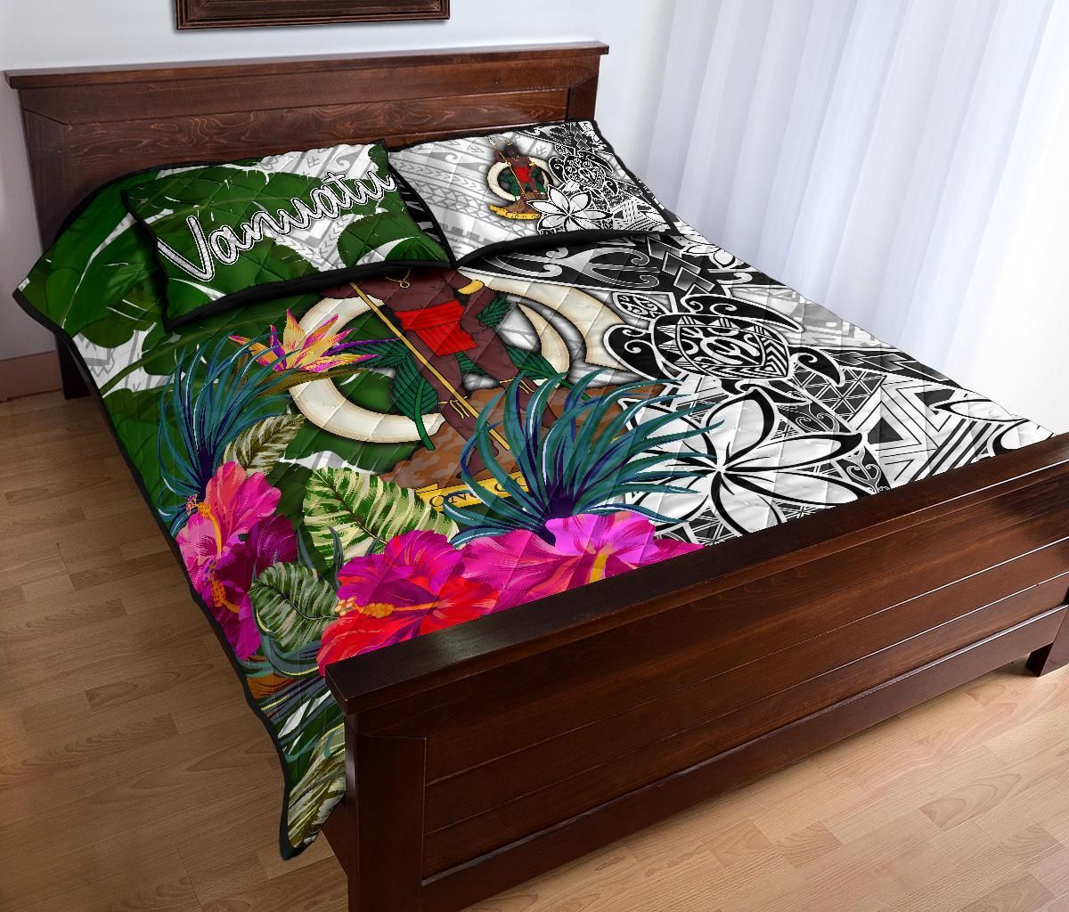 Vanuatu Quilt Bed Set White - Turtle Plumeria Banana Leaf