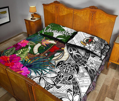 Vanuatu Quilt Bed Set White - Turtle Plumeria Banana Leaf