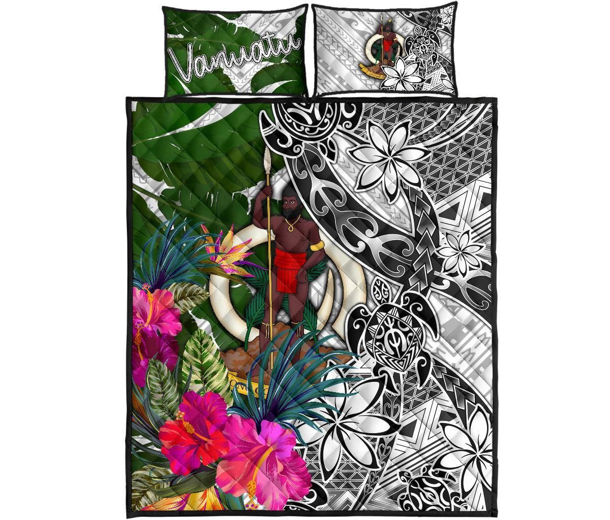 Vanuatu Quilt Bed Set White - Turtle Plumeria Banana Leaf