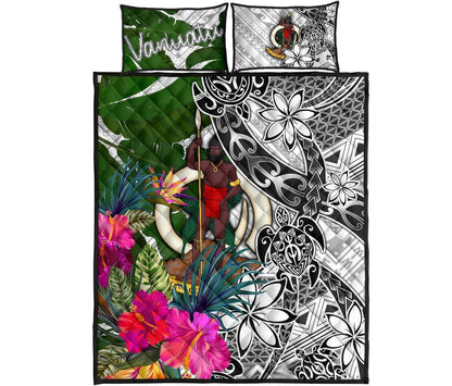 Vanuatu Quilt Bed Set White - Turtle Plumeria Banana Leaf