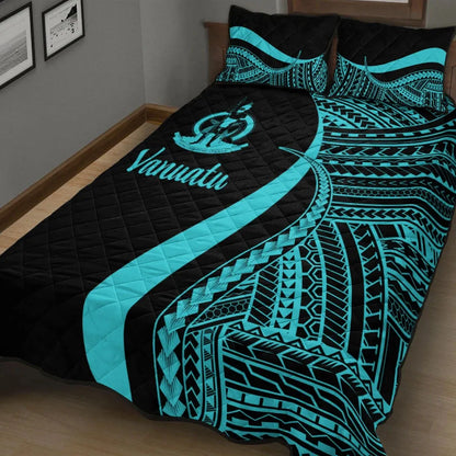 Vanuatu Quilt Bed Set - Turquoise Polynesian Tentacle Tribal Pattern