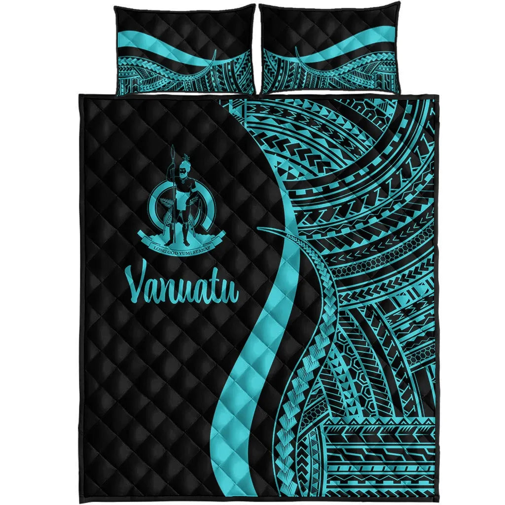 Vanuatu Quilt Bed Set - Turquoise Polynesian Tentacle Tribal Pattern