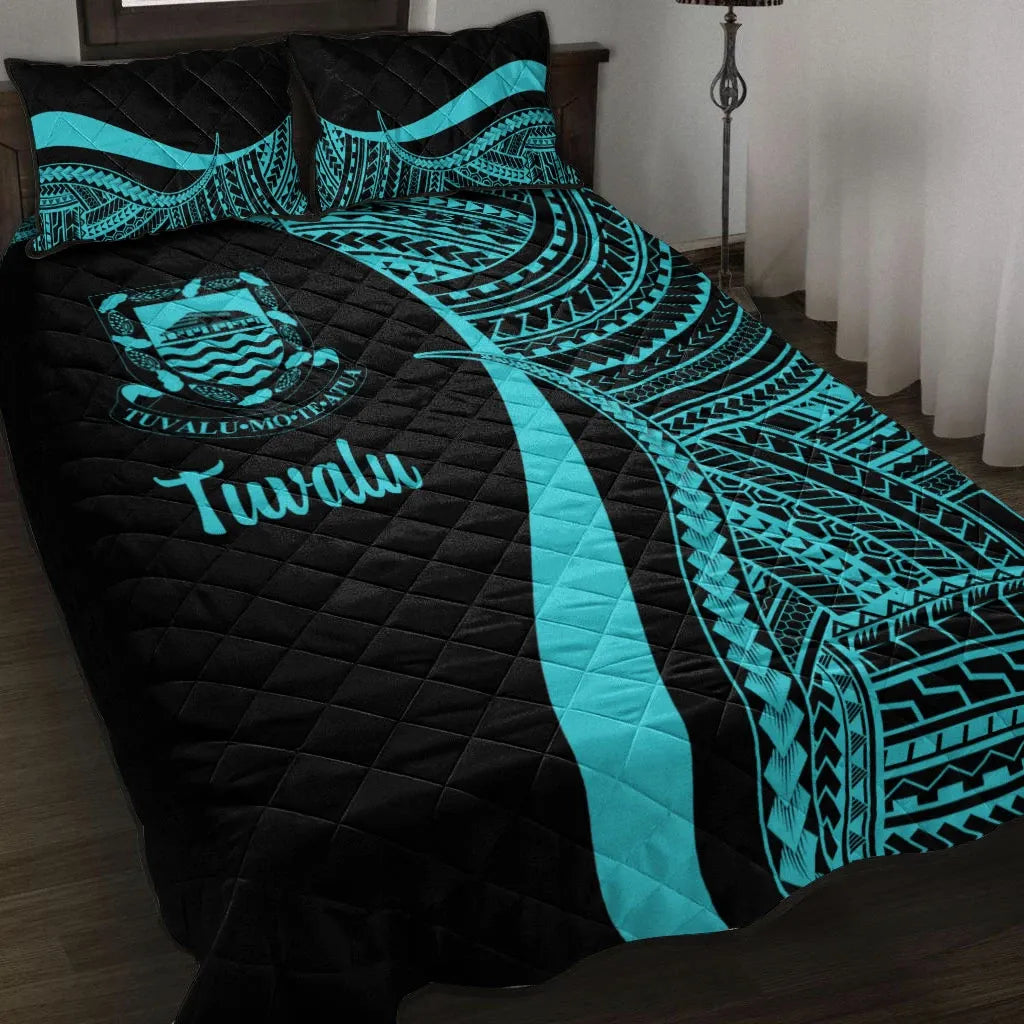 Vanuatu Quilt Bed Set - Turquoise Polynesian Tentacle Tribal Pattern