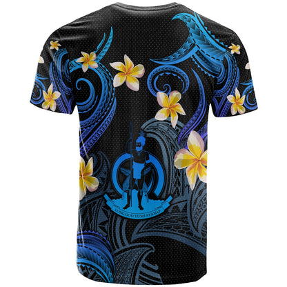 Vanuatu T-shirt - Custom Personalised Polynesian Waves with Plumeria Flowers (Blue)