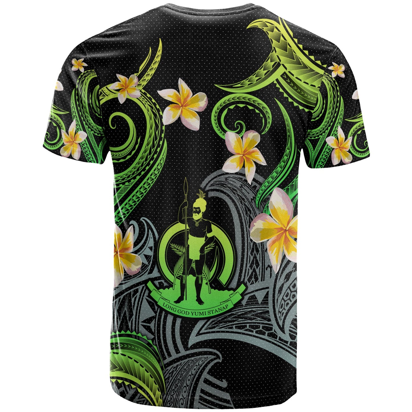 Vanuatu T-shirt - Custom Personalised Polynesian Waves with Plumeria Flowers (Green)