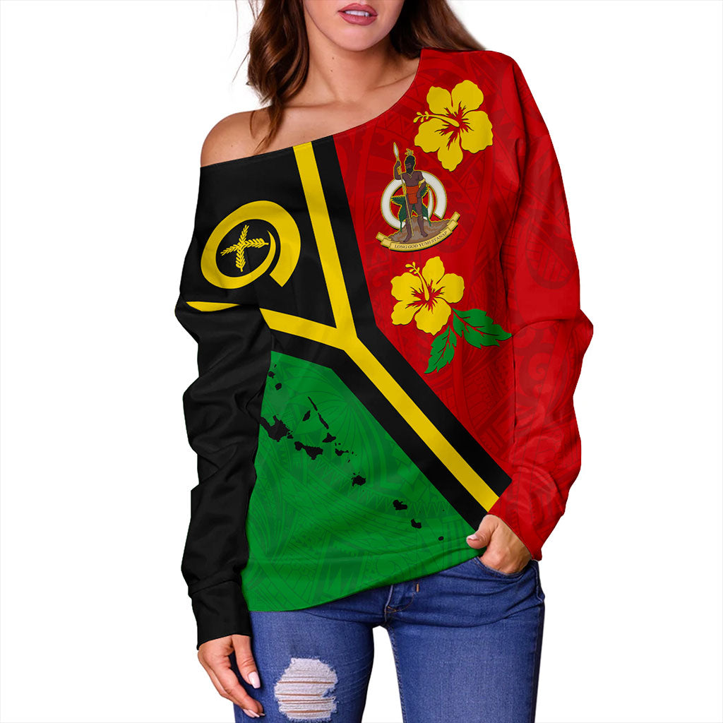 Vanuatu Off Shoulder Sweatshirt Tribal Polynesia Tattoo With Map