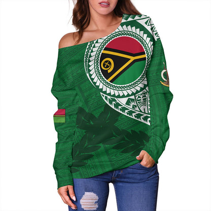Vanuatu Off Shoulder Sweatshirt Tribal Melanesia Leaf