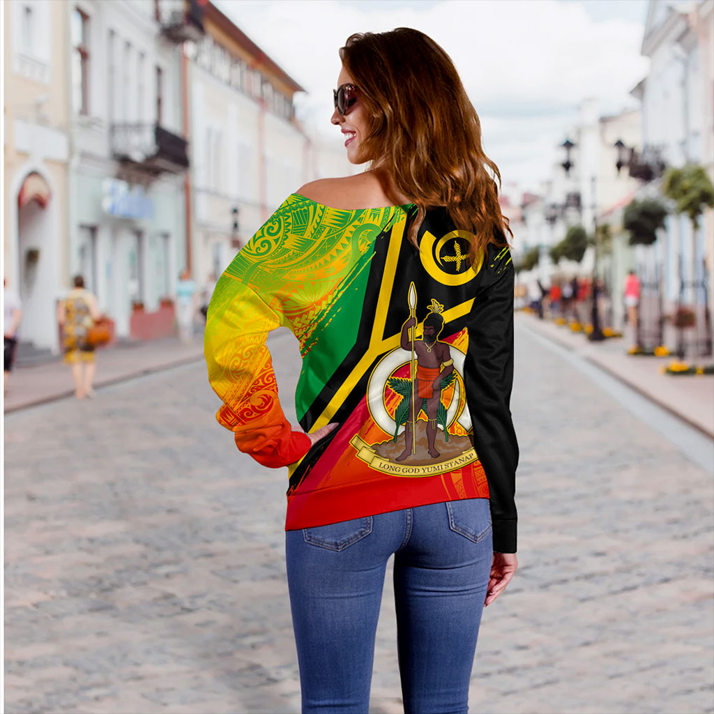 Vanuatu Off Shoulder Sweatshirt Tribal Pattern Flag Grunge