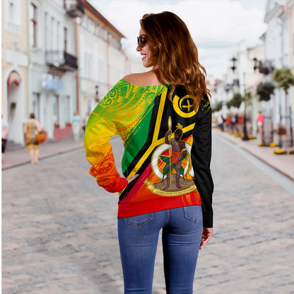 Vanuatu Off Shoulder Sweatshirt Tribal Pattern Flag Grunge