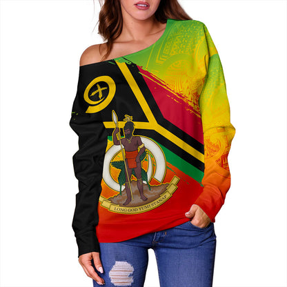 Vanuatu Off Shoulder Sweatshirt Tribal Pattern Flag Grunge