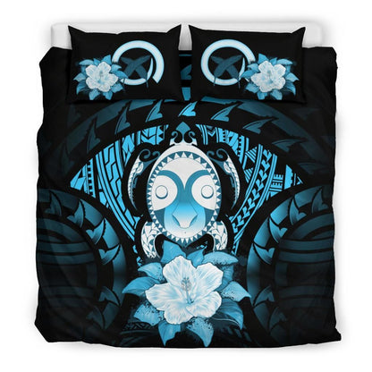 Vanuatu Duvet Cover Set - Turtle Tiki Face &Turquoise Hibiscus