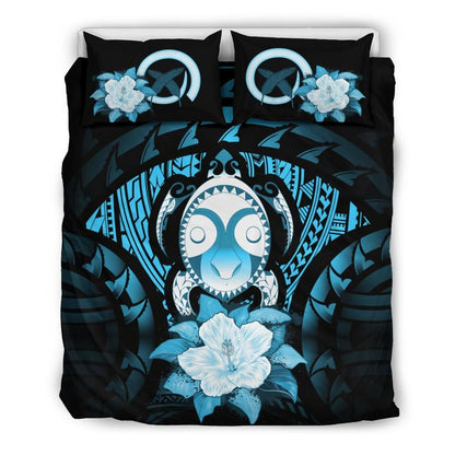 Vanuatu Duvet Cover Set - Turtle Tiki Face &Turquoise Hibiscus