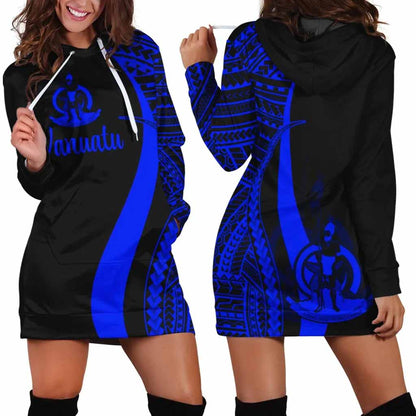 Vanuatu Female Hoodie Dress - Blue Polynesian Tentacle Tribal Pattern