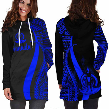 Vanuatu Female Hoodie Dress - Blue Polynesian Tentacle Tribal Pattern