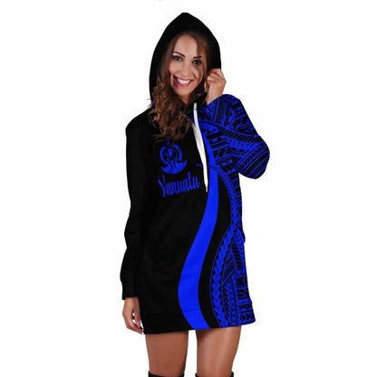 Vanuatu Female Hoodie Dress - Blue Polynesian Tentacle Tribal Pattern