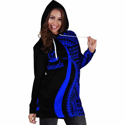 Vanuatu Female Hoodie Dress - Blue Polynesian Tentacle Tribal Pattern